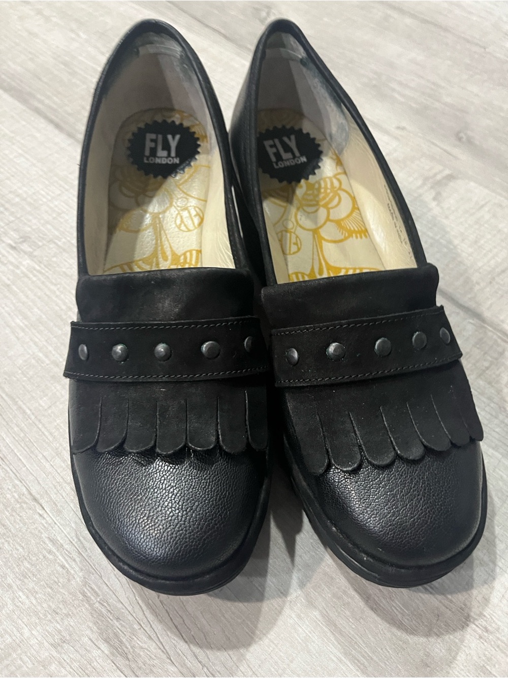 Fly London Black Studded Kiltie Loafers